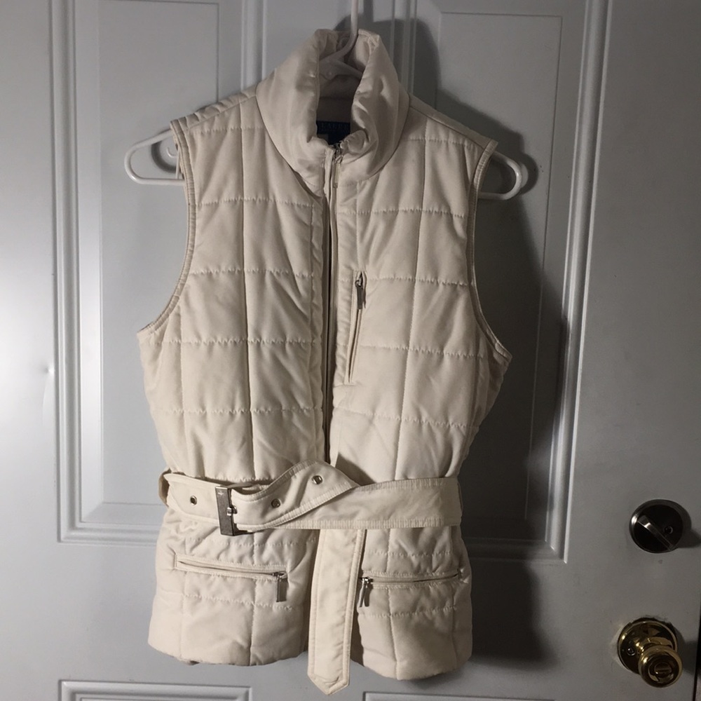 Ralph Lauren cream zip front belted puffer vest 3 zipper pockets size Medium